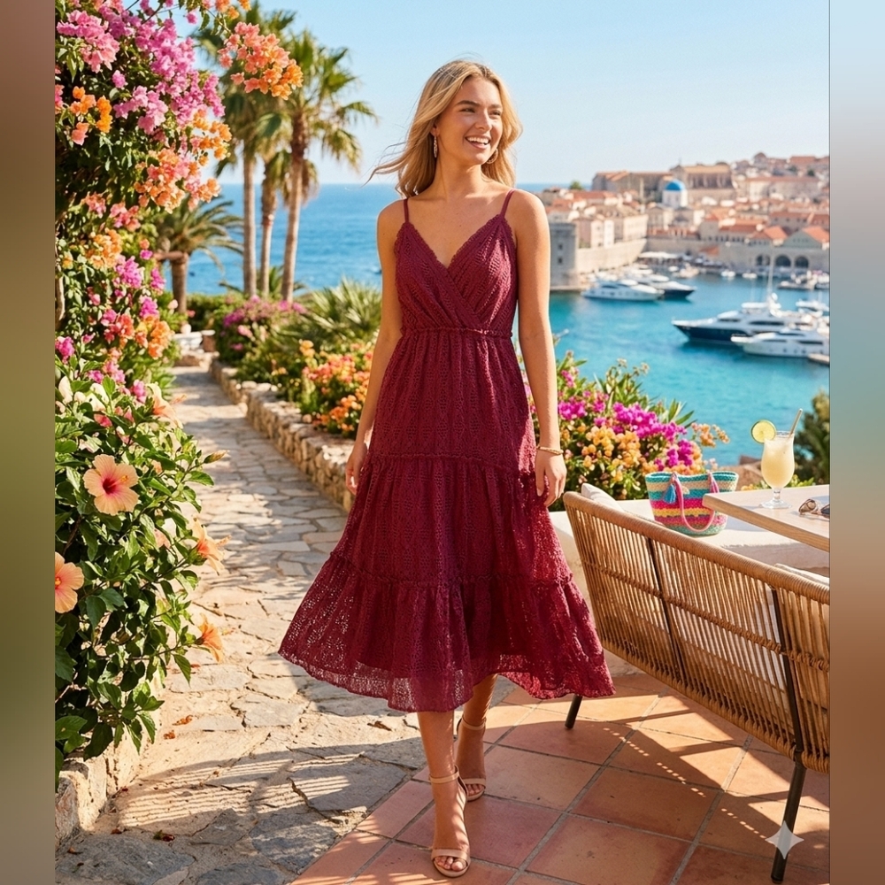 Willow & Root Earth Red Crochet V Neck Adjustible Strap Tiered Maxi Dress Length